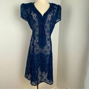 Vintage Blue Lace Midi Dress M-L Romantic Grunge Feminine Cottagecore Whimsigoth